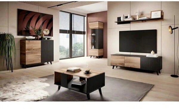 Comoda TV RANDOM , stejar wotan/negru, PAL furniruit, 150x40x47 cm