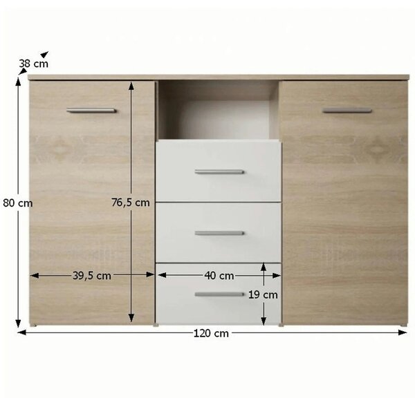 Comoda GABRIELA, stejar sonoma/alb, PAL laminat, 120x38x80 cm