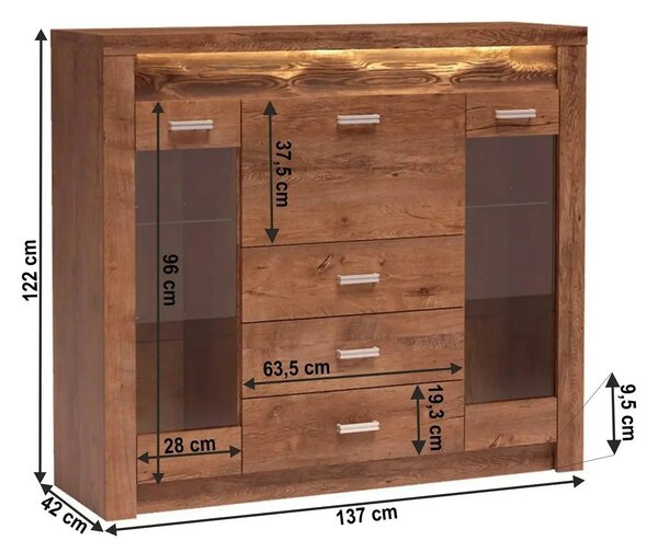 Comoda INFINITY I-08, frasin deschis, PAL melaminat, 137x42x122 cm