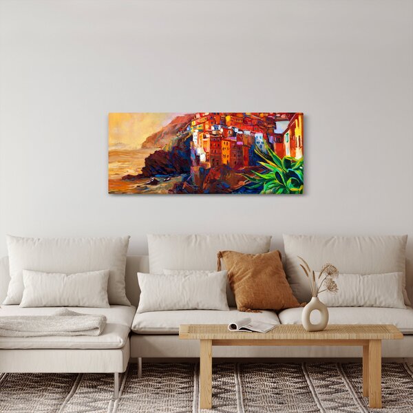 Tablou - Satul de coastă Cinque Terre, Riviera italiană, impresionismul modern (120x50 cm)