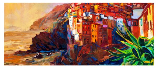 Tablou - Satul de coastă Cinque Terre, Riviera italiană, impresionismul modern (120x50 cm)