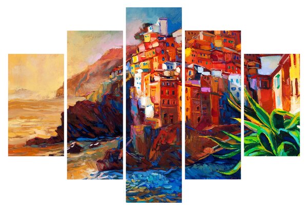 Tablou - Satul de coastă Cinque Terre, Riviera italiană, impresionismul modern (150x105 cm)