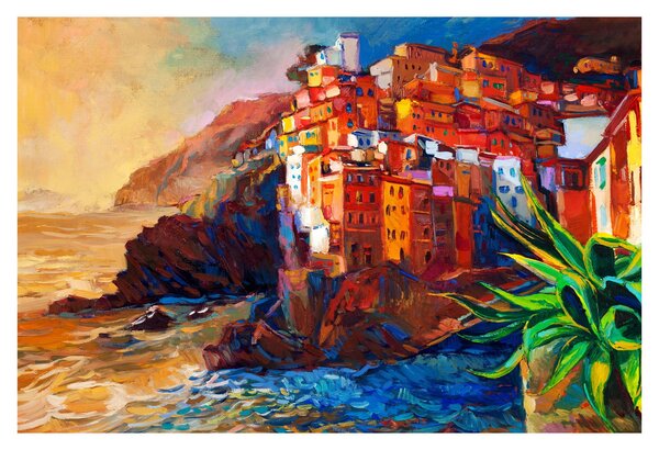 Tablou - Satul de coastă Cinque Terre, Riviera italiană, impresionismul modern (90x60 cm)