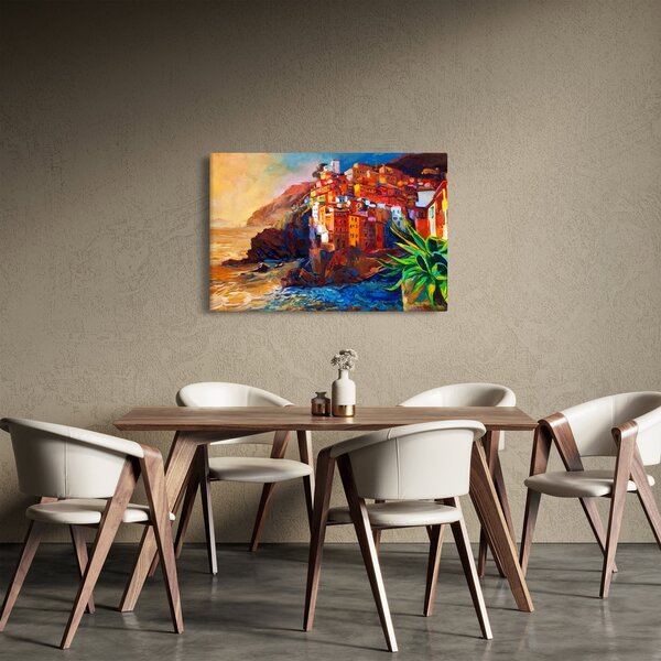 Tablou - Satul de coastă Cinque Terre, Riviera italiană, impresionismul modern (90x60 cm)