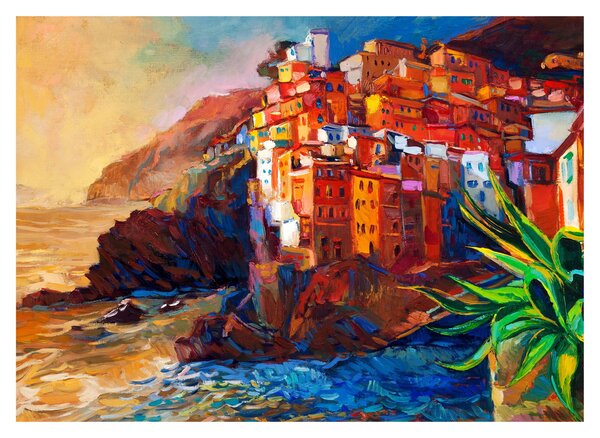 Tablou - Satul de coastă Cinque Terre, Riviera italiană, impresionismul modern (70x50 cm)