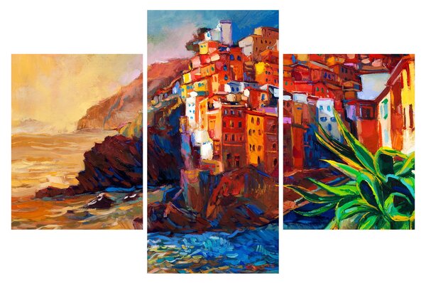 Tablou - Satul de coastă Cinque Terre, Riviera italiană, impresionismul modern (90x60 cm)