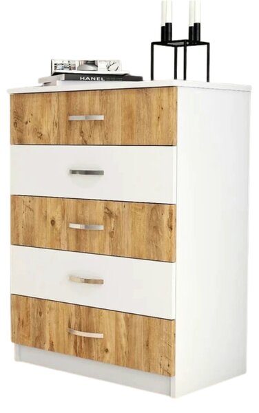 Comoda 616TNM1510, alb/stejar, PAL melaminat, 72x45x98 cm