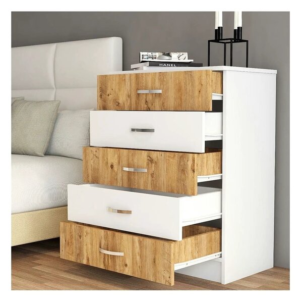 Comoda 616TNM1510, alb/stejar, PAL melaminat, 72x45x98 cm