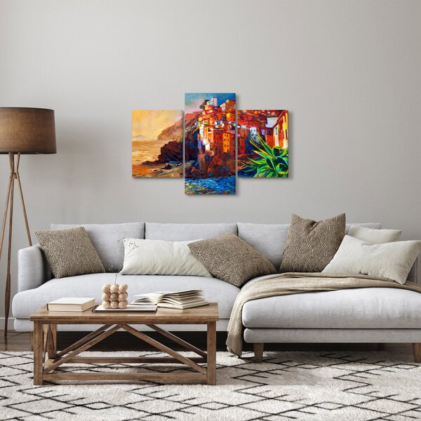 Tablou - Satul de coastă Cinque Terre, Riviera italiană, impresionismul modern (90x60 cm)