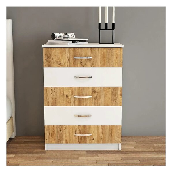 Comoda 616TNM1510, alb/stejar, PAL melaminat, 72x45x98 cm