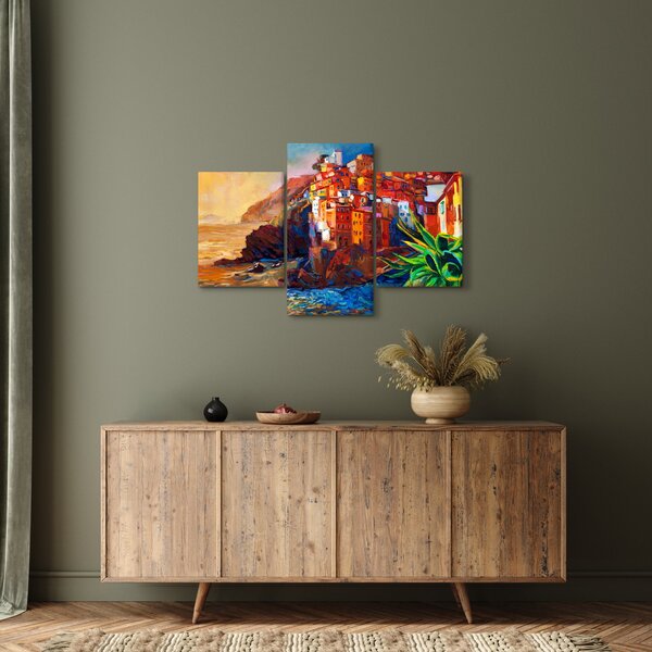 Tablou - Satul de coastă Cinque Terre, Riviera italiană, impresionismul modern (90x60 cm)