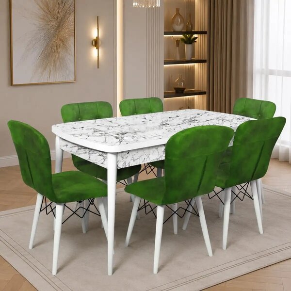 Set masa extensibila cu 6 scaune tapitate Homs cristal alb-verde 170 x 80 cm