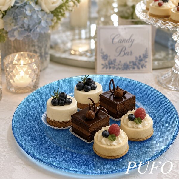 Set 6 farfurii elegante tip platou din sticla Pufo Luxury pentru desert, aperitive, 31 cm, albastru