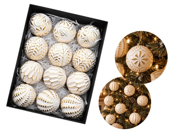 Set 12 bucati decoratiuni de Craciun GOLD FESTIVE 7 cm, alb/auriu