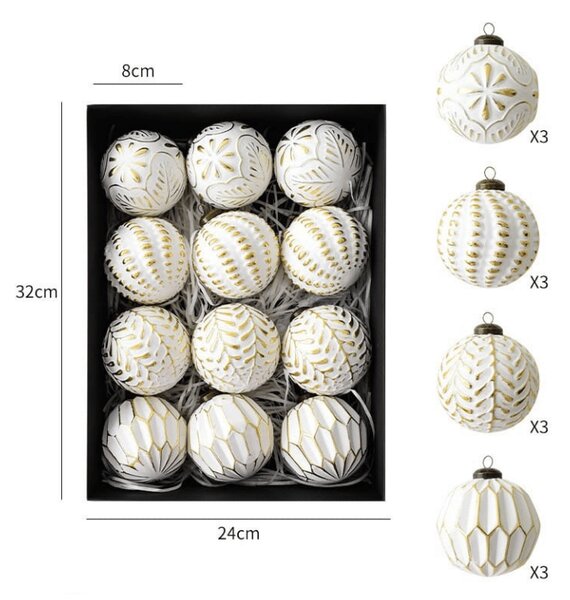 Set 12 bucati decoratiuni de Craciun GOLD FESTIVE 7 cm, alb/auriu