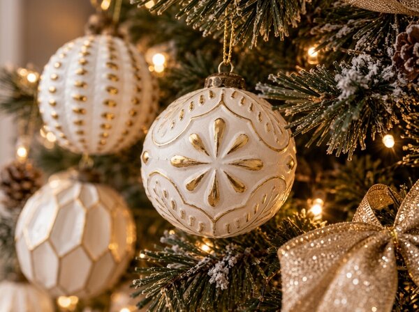 Set 12 bucati decoratiuni de Craciun GOLD FESTIVE 7 cm, alb/auriu