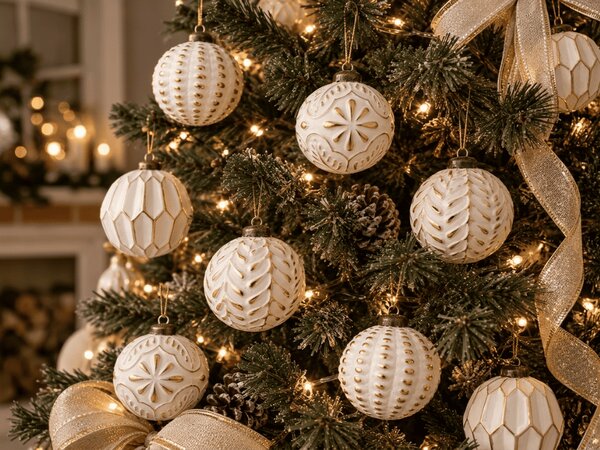 Set 12 bucati decoratiuni de Craciun GOLD FESTIVE 7 cm, alb/auriu