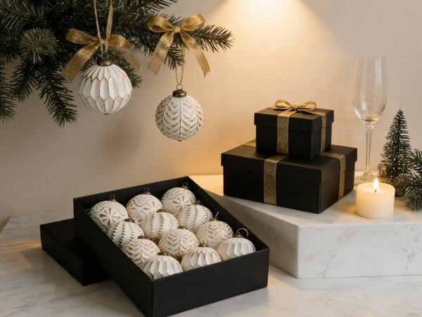 Set 12 bucati decoratiuni de Craciun GOLD FESTIVE 7 cm, alb/auriu