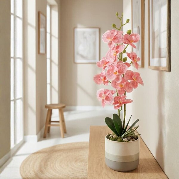 Plantă artificială Orhidee 40 cm, cu flori roz și frunze verzi, pentru interior