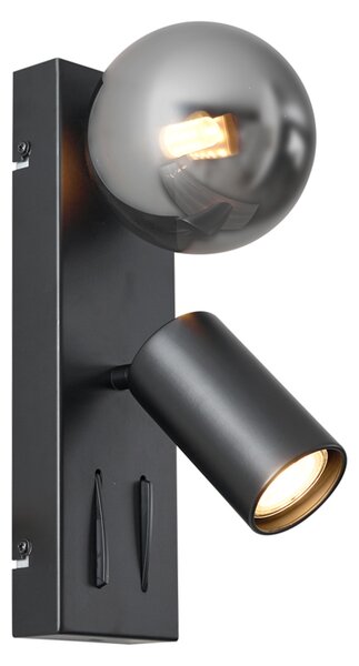 Lampă de perete modernă neagră cu 2 lumini, înclinabilă, cu port USB-C - Lesly