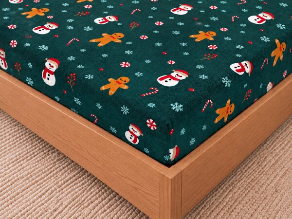 Cearsaf Cocolino microplus cu elastic SNOWMAN AND GINGERBREAD 90x200 cm verde