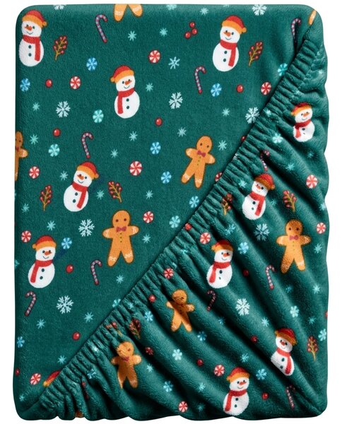 Cearsaf Cocolino microplus cu elastic SNOWMAN AND GINGERBREAD 90x200 cm verde