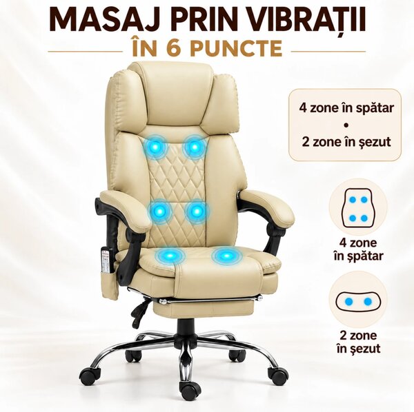 Scaun directorial, cu Masaj și Încălzire, suport picioare, PU, Bej