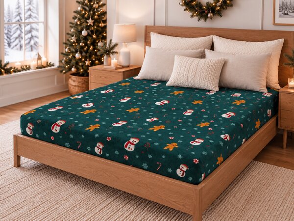 Cearsaf Cocolino microplus cu elastic SNOWMAN AND GINGERBREAD 90x200 cm verde