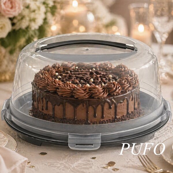 Platou rotund Pufo Cookies cu capac transparent pentru servire torturi, prajituri, briose, Ø 30 cm, gri