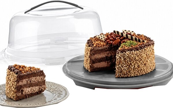 Platou rotund Pufo Cookies cu capac transparent pentru servire torturi, prajituri, briose, Ø 30 cm, gri