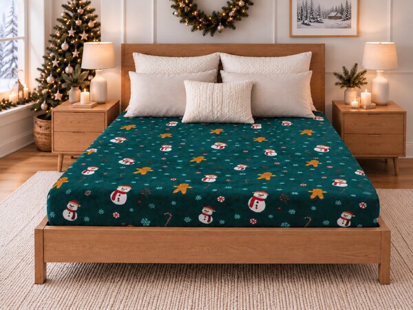 Cearsaf Cocolino microplus cu elastic SNOWMAN AND GINGERBREAD 90x200 cm verde