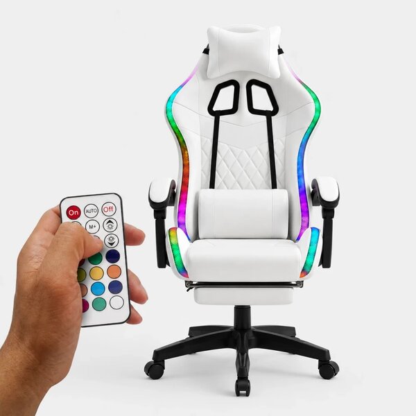 RESIGILAT- Scaun gaming, sistem iluminare bandă LED RGB, masaj în perna lombară, suport picioare, Alb