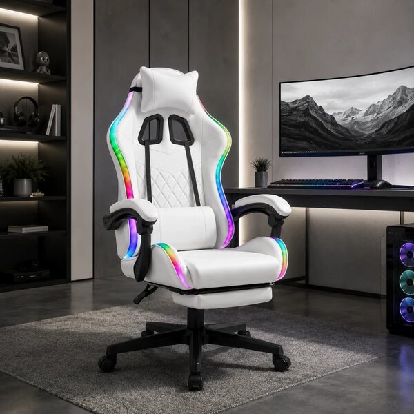 RESIGILAT- Scaun gaming, sistem iluminare bandă LED RGB, masaj în perna lombară, suport picioare, Alb
