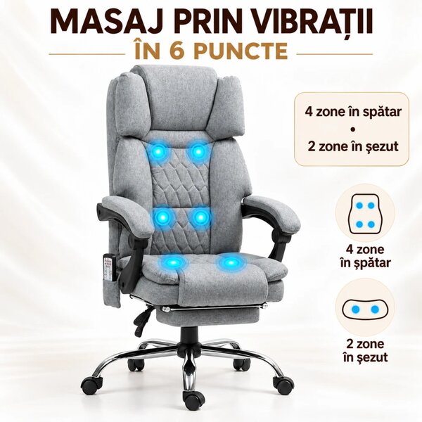RESIGILAT- Scaun directorial, cu Masaj și Încălzire, suport picioare, material textil, Gri