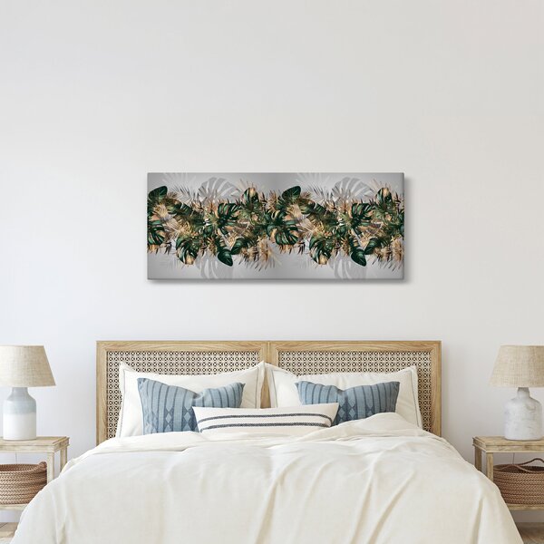 Tablou - Frunze tropicale, Galben - auriu (120x50 cm)