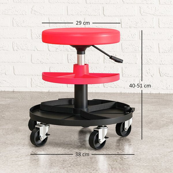 HOMCOM Scaun de Atelier cu Roți de 6 cm, Capacitate până la 135 kg, Înălțime Reglabilă 40-51 cm, cu Tăvi pentru Scule, Roșu | Aosom Romania