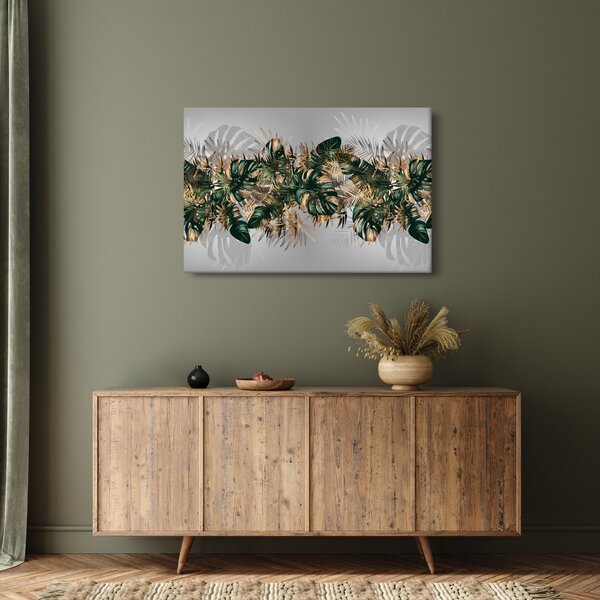 Tablou - Frunze tropicale, Galben - auriu (90x60 cm)