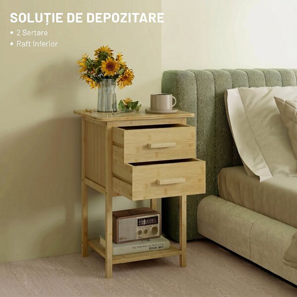HOMCOM Noptiere, 2 piese, cu 2 Sertare și Poliță de Jos în Stil Nordic, Noptiere Moderne din Bambus, 40x34x60 cm, Lemn Natural | Aosom Romania