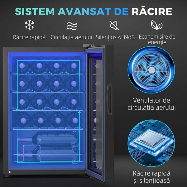 HOMCOM Frigider pentru Vinuri de 20 Sticle cu Temperatură Unică 5-18°C, Geam Anti-UV și Rafturi Reglabile, 43x45x64 cm, Negru | Aosom Romania