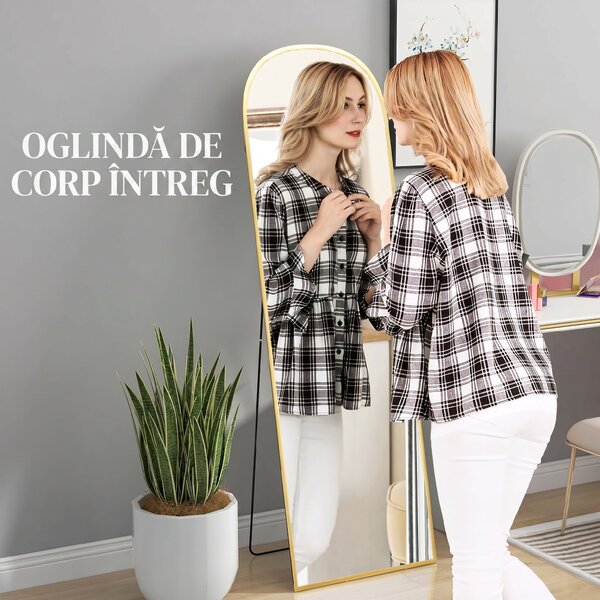 HOMCOM Oglindă de Podea și Perete cu Suport Pliabil, 50x161.5cm, Auriu | Aosom Romania