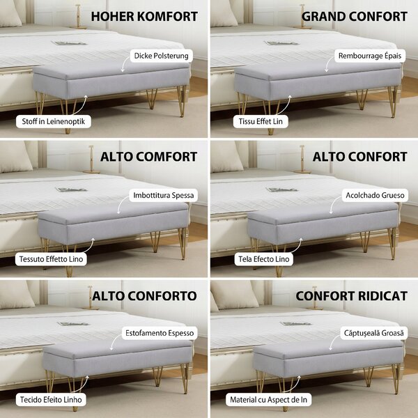 HOMCOM Bancă cu Depozitare din Material Textil și Picioare din Oțel, 100x40x49 cm, Gri Deschis | Aosom Romania