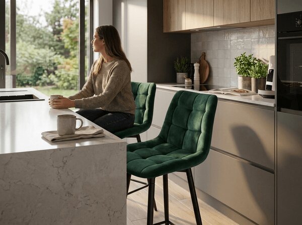 Scaun de bar CHIC VELVET cu picioare negre, verde inchis