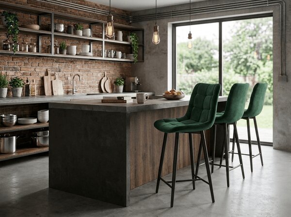 Scaun de bar CHIC VELVET cu picioare negre, verde inchis