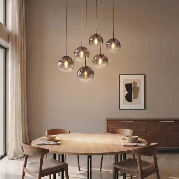 Lucande Lampa suspendată Veloura, 6 becuri, 100 cm, sticlă, lemn, reglabil, Gri, Camera de zi / sufragerie, Sticlă, Design