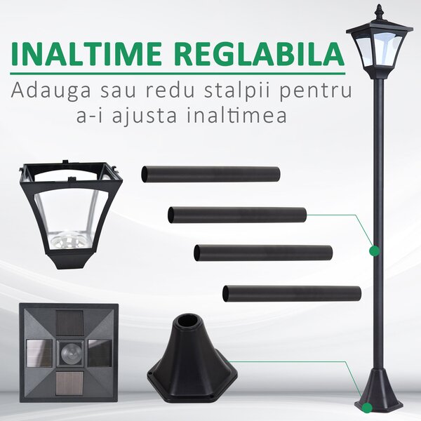 Outsunny Felinar de Grădină Led cu Panouri Solare, 120cm, Negru | Aosom Romania