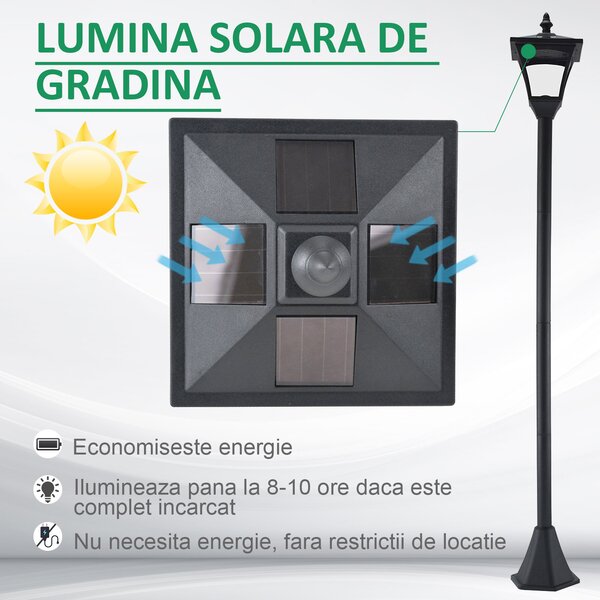 Outsunny Felinar de Grădină Led cu Panouri Solare, 120cm, Negru | Aosom Romania