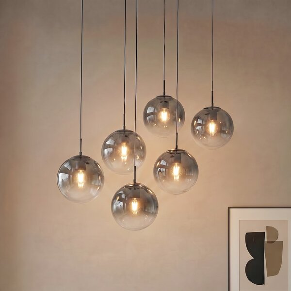 Lucande Lampa suspendată Veloura, 6 becuri, 100 cm, sticlă, lemn, reglabil, Gri, Camera de zi / sufragerie, Sticlă, Design
