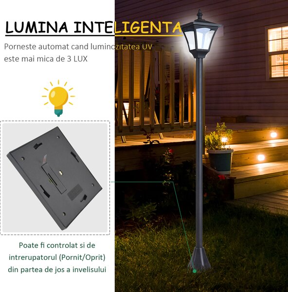 Outsunny Felinar de Grădină Led cu Panouri Solare, 120cm, Negru | Aosom Romania