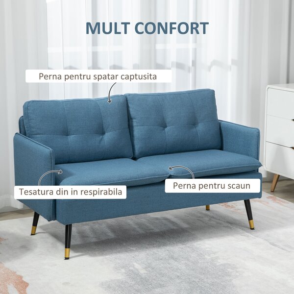 Canapele HOMCOM cu 2 locuri din tesatura cu buton cu perne, albastru inchis | Aosom Romania