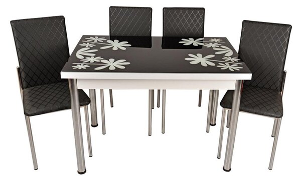 Set masă fixă Bronze White Flower 70*110 cu 4 scaune negre
